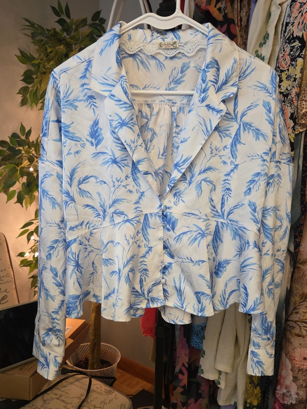 Free People Intimately White Button-Up Blouse with Light Blue Print Sz MED